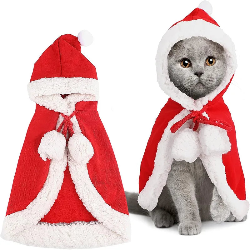 Cat Costume Santa Cosplay Funny Transformed Cat Dog Pet Christmas Cape Winter Dress Up Clothes Red Scarf Cloak Props Decor