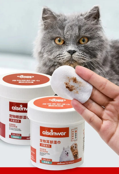 130PCS Dog Cat Eye Wipes Gentle Pet Eye Ear Cleaning Wipes Dog Cat Tear Stain Remover Wipes Remove Dried Mucus Discharge & Tear