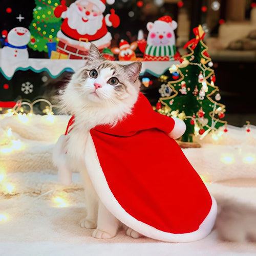 Cat Costume Santa Cosplay Funny Transformed Cat Dog Pet Christmas Cape Winter Dress Up Clothes Red Scarf Cloak Props Decor