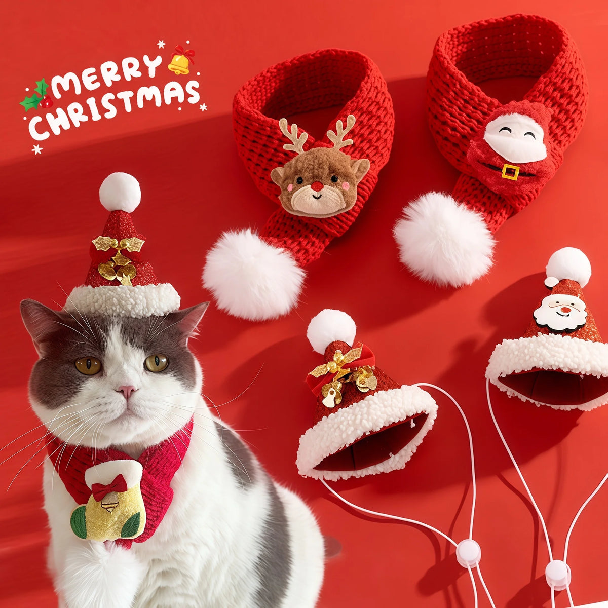 Christmas Cat Hat Cat Knitted Scarf Set Soft Winter Christmas Soft Santa Claus Costume Scarf For Dog Cats Pet Xmas Cat Supplies